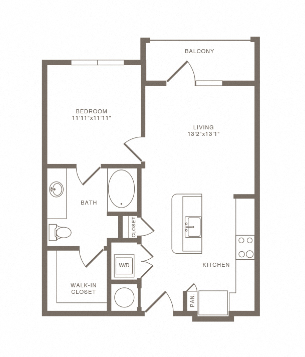Floor plan for 1 bed, 1 bath, 707 sqft